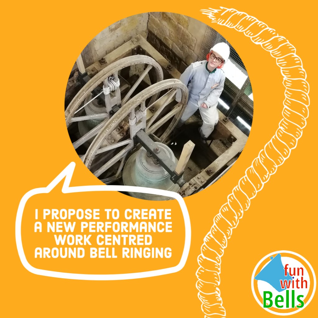 Orange square image with a circular image of Emily in a hardhat and overalls with church bells in a tower. A speech bubble reads: "I propose to create a new performance work centred around bell ringing"