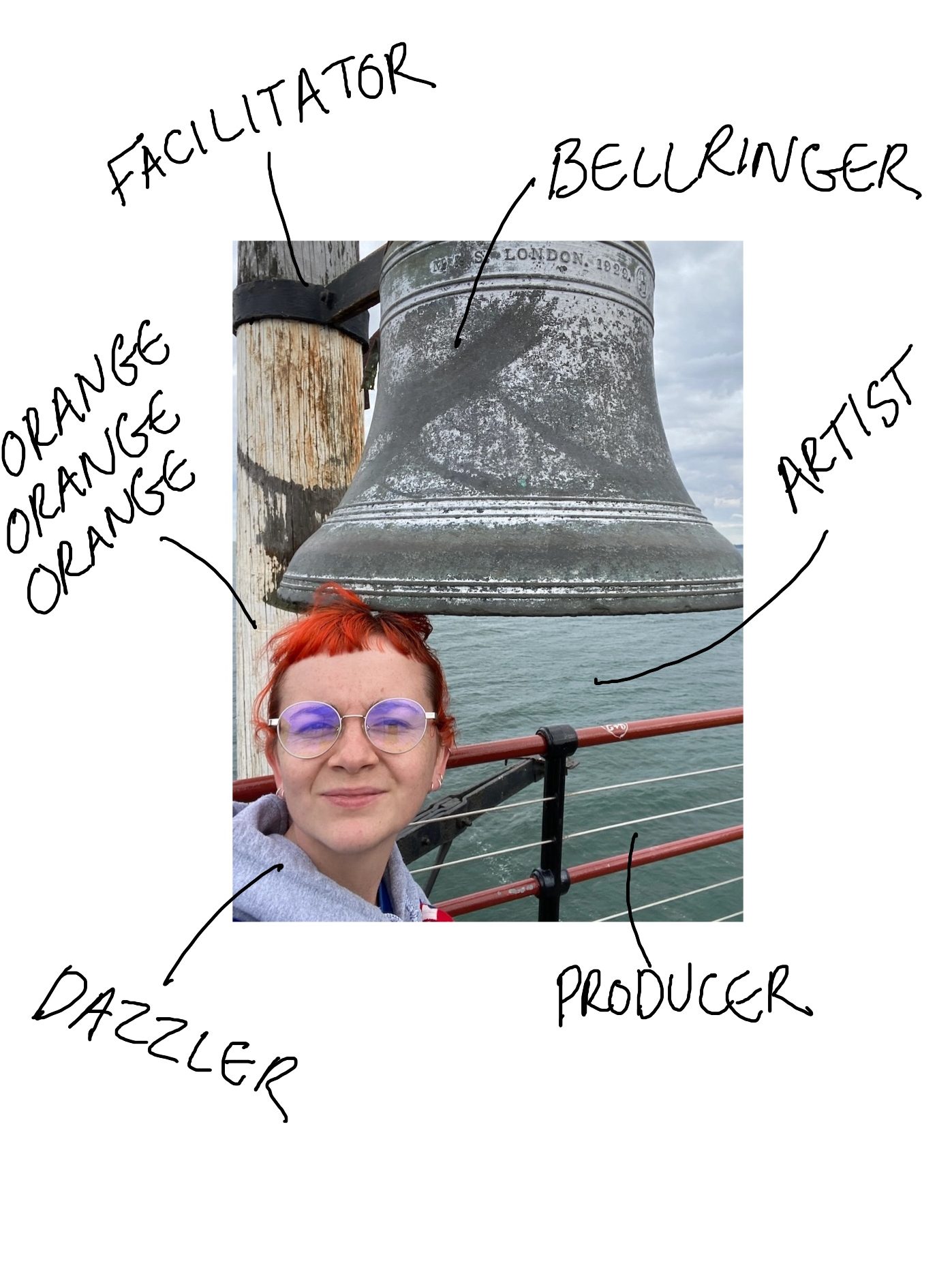 Emily with short orange hair with a sharp fringe wears circular silver glasses. She smiles slightly to the camera as she poses under the mouth of a large bell by the sea. Black handwriting surrounds the image.