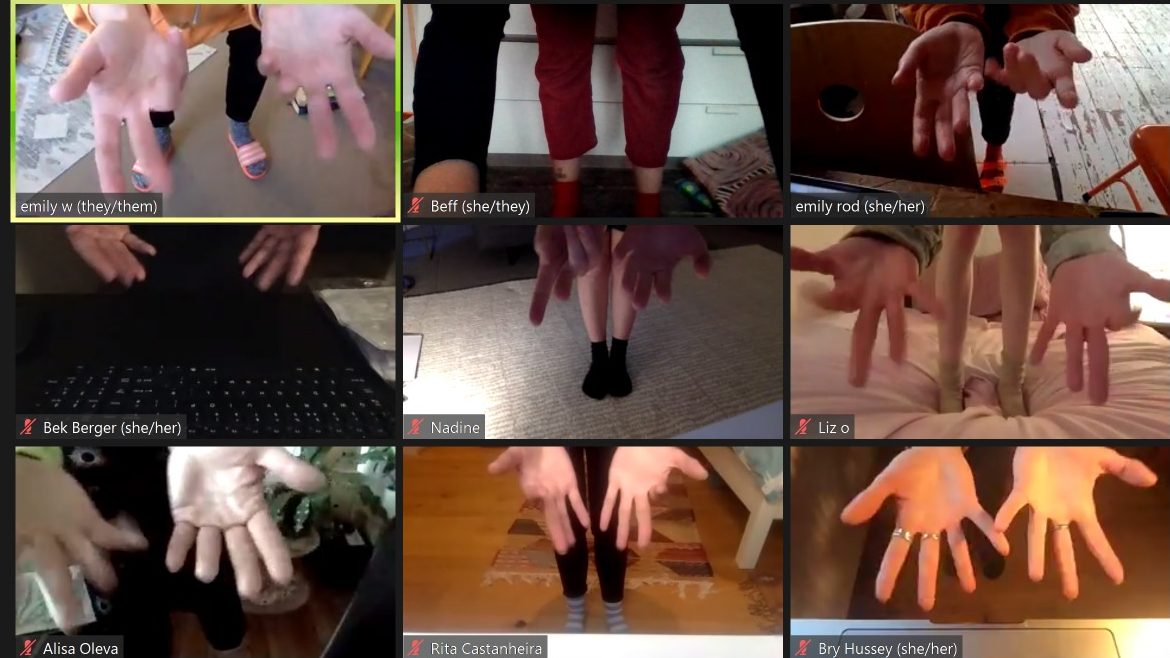 Screenshot of a group zoom call. 9 windows show peoples hands open to the camera.