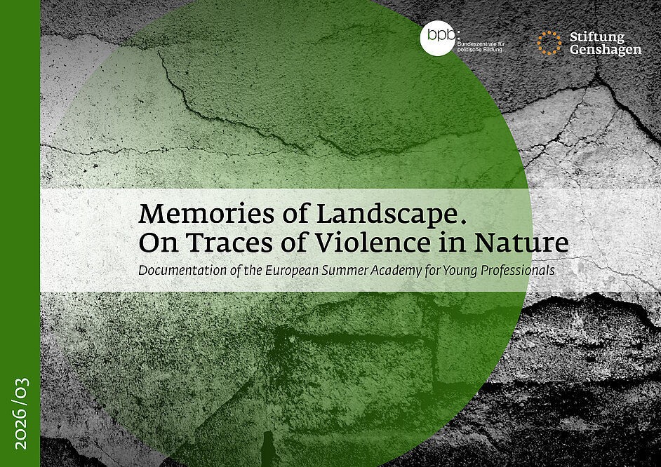 Publication front cover. Text reads 'Memories of Landscape. On Trces of Violence in Nature. Documentation of the European Summer Academy for Young Professionals'. Background is green and greyscale cracked wall facade.